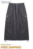 Yipinpay Grunge Cargo Skirt Long Women Acubi Fashion High Waist Drawstring Vintage Y2k Pocket Patchwork A-line Skirt Streetwear