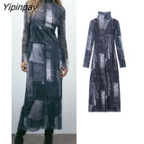 Yipinpay Elegant Women Patchwork Tulle Dresses Vintage Party Sheath Mid-Calf Dress Long Sleeve Turtleneck Vestidos Spring Autumn
