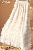 yipinpay Fashion Luxury Elegant Fairy Long Maxi Skirt Women Mesh Layers Pleated Korean Cupcake Skirts for Woman Faldas 96cm