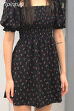 Yipinpay Collar Chiffon Floral Dress Kawai a Line Vestido Boho Black Mini Vestidos Verano 2023 Korean Retro Cute Harajuku