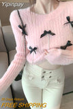 Yipinpay White Blue 3D Bow Rhinestone Chain Sweater Jumper Pull Femme Korean Cropped Sweater Mujer Mink Cashmere Sueter Mohair Top
