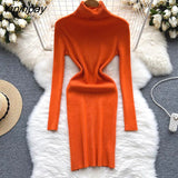 Yipinpay Full Sleeve Slim Knitted Pencil Dress Female Casual Pullover Turtleneck Sweater Bodycon Dress Ladies Autumn Winter