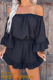 Yipinpay Woman Jumpsuits Elegantoff Shoulder Ruffle Hem Bell Sleeve Romper Casual Vacation New Fashio Female Clothing Outfits