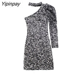 Yipinpay Autumn Fashion Women Beading Sequined Dress Asymmetrical Design One Shoulder Sleeve Party Vestidos Casual High Street Wear