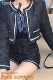 Yipinpay Temperament O Neck Tweed Jacket Short Hit Long Sleeve Cardigan Top Casual Retro High Waist Wide Leg Shorts Sets Autumn Sexy