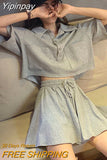 Yipinpay Summer Women's Shorts Sets Polo Lapel Loose Short Sleeve T-Shirt Wide Leg Skirt Shorts 2-piece Set Casual Fashion Preppy