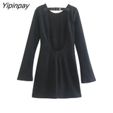 Yipinpay Spring Autumn Backless Mini Dresses 2023 Women Long Sleeve O-neck Solid Party Dress Elegant Chic Tops Outerwear
