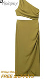 Yipinpay Asymmetric Long Dress Women Summer Cut Out Elegant Party Dresses For Women 2023 Ruched Off Shoulder Sleeveless Midi Dress