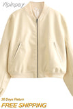 Yipinpay TRAF PU Leather Bomber Jacket for Women 2023 Vintage Stand Collar Front Zipper Short Coat Ladies Long Sleeve New Outerwear