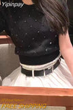 Yipinpay Argyle Knitted Korean Sweater Women 2023 Summer Short Sleeve O neck Knitwear Pullover Elegant Stylish Chic Tops Jumpers