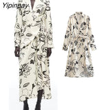 Yipinpay Summer Women Printed Mid-Calf Dresses With Belt 2023 Elegant Fashion Turn Down Collar Dresses A-line Long Sleeve Vestidos