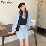 Yipinpay Autumn Women Clothing Solid Cute Dress Sets 2 Pieces Tunic Camisole + Dress Sweet Puff Sleeve for Girl