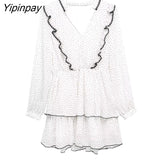 Yipinpay Thin Women Dot Printed Mini Dresses 2023 Summer Fashion V-neck Ruffles Dresses Sweet Long Sleeve A-line Vestidos