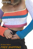 Yipinpay Women Rainbow Sweaters Hollow Out Sexy Crop Tops Fall Winter y2k Clothes Multi Color Square Collar Long Sleeve Tops Streetwear