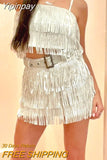 Yipinpay Fashion Women Acute Summer 2PCS Outfit Sets Sleeveless Sequins Sling Vest + Tassel Mini Skirt With Belt Club Street Style