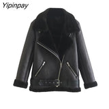 Yipinpay Women Winter Fur Faux Leather Coats 2023 Fleece Thicken Warm Long Sleeve PU Jacket Vintage Female Waistcoat Chic Tops