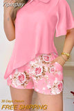 Yipinpay Peice Set Asymmetrical Hem Top & Floral Print Shorts Set Women Casual New Fashion 2023 Summer