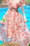 Yipinpay Floral Midi Dress Beach Style 2023 Summer Short Sleeve Elegant Dress Woman Boho Casual One Piece Dress Korean Fashion