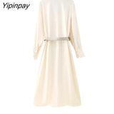 Yipinpay Women Soft Silk Loose Dresses With Belt 2023 Summer Turn Down Collar Long Dresses Sweet Fashion Long Sleeve Vestidos