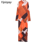 Yipinpay 2023 Women Printed Mid-Calf Dresses Autumn Elegant Haif Turtleneck Dresses Vintage Long Sleeve Zipper Sexy Vestidos