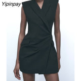 Yipinpay Office Ladies Mini Blazer Dresses Elegant Black Notched Folds Dresses Vintage Causal Long Sleeve Party Vestidos 2023 Autumn
