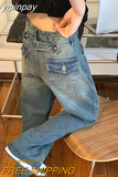 yipinpay Women's Straight Jeans High Waist American Style Streetwear Vintage Pants Chic Design Casual Ladies Denim Wide Leg Trouser
