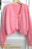 Yipinpay Cashmere Camisole Tops Korean Fashion Fleece Short Pink Cardigan Knitted Coat Pull Sueter White Sweaters for Women 2 Sets