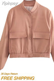 Yipinpay TRAF Fashion Bomber Jackets for Women 2023 Big Pockets Casual Coats Female Chic Stand Collar Long Sleeve Jackets Outerwear