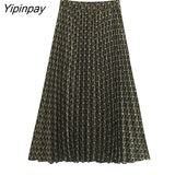 Yipinpay Elegant Geometric Print Skirt Sets 2023 Vintage Soft Long Sleeve Blouse Female Casual Folds A-line Skirt Lady Suit