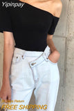 Yipinpay Slim Slash Irregular Off Shoulder Diagonal Black Short Sleeve T-shirts Women Summer Tees Crop Tops Casual Tshirt