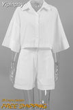 Yipinpay White Cotton Linen Shorts Sets 2-Piece Street Outfits Short Sleeve Shirt And Wide Leg Shorts Summer 2023 Ladies Suit