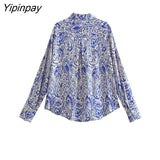 Yipinpay Fashion Women Print Blouses Shirt 2023 Summer Causal Long Sleeve Tops Vintage Turn Down Collar Single Breasted T-Shirts