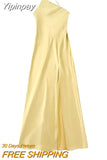 Yipinpay Yellow Off Shoulder Long Dress Women Asymmetric Satin Dress Woman Backless Sexy Party Dresses Summer Slit Evening Dresses