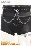 Yipinpay Rivet Sash Leather Ultra Shorts Summer High Waist Gothic Black Emo Punk Pu Shorts Metal Belt Tight Shorts