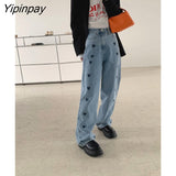 Yipinpay Fashion style Women jeans Vintage Straight Wide leg pants High waist Oversize Loose Long jeans Heart print Casual jean