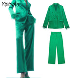 Yipinpay 2023 Women Feathers Sleeve Blazer Pant Sets Autumn Winter Double Breasted Office Outfits Jacket Zipper Trousers Outwear