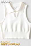 Yipinpay Women Knit Vest Crop Tops Sleeveless Turn-down Collar Hollowed Solid Slim Fit Summer Club Party Tanks Streetwear