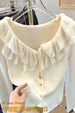 Yipinpay Short Long Sleeved Top French Ruffle Style Knitted Cardigan Mujer Y2k Sueter V Neck Outwear Black Striped Sweaters Top