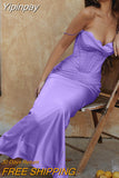 Yipinpay Satin Maxi Dress Sexy Long Prom Evening Party Dresses With Glove Purple V Neck Spaghetti Strap Dresses For Women 2023