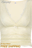 Yipinpay Fairycore Y2K Kawaii Tank Tops Lace Patchwork V-neck Sleeveless Slim Crop Camis Fashion 2000s Sexy Clothes White Top