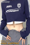 Yipinpay Graphic T Shirts Women Acubi Fashion Crop Top Y2k Kpop Casual Print Long Sleeve T-shirts Patchwork Streetwear Spring