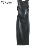 Yipinpay Elegant Women Faux-leather Dresses 2023 Autumn Fashion PU Solid Vestidos Asymmetrical Sleeveless Backless Pullover Dress