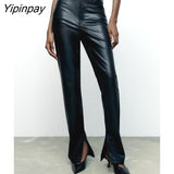 Yipinpay Fashion Women Faux Leather Pants New 2023 Autumn Winter Slim Zipper Female Flare Pants Streetwear PU Trousers