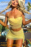 yipinpay 2023 Summer Mesh Sexy Club Dress Skirt Set Women Sleeveless Y2K Crop Tops Beach And Mini Fashion Wrap Skirt Two Piece Set