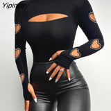 Yipinpay Women Solid Heart Hollow Long Sleeves Rhinestone Decor Cuff Links Skinny Black Blouses Tops