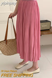 yipinpay Summer Pleated Midi Skirt Women Solid Color Elegant Lining A-line Long Faldas Female Slim Chic Cute High Waist Skirts