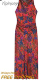 Yipinpay Print Floral Dress Woman Summer Long Dresses For Women 2023 Vintage Sleeveless Midi Dress Ruched Elegant Party Dresses
