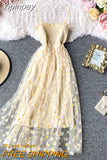 Yipinpay Beach Mesh Women Floral Dress Fashion Elegant Sexy Summer Sundress Strappy Dress Party Night Korean Kawaii Vestidos
