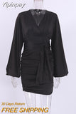 Yipinpay Party Ruched Sexy Dress Women Lantern Sleeve V-Neck Satin Short Dress With Sashes Clubwear Spring 2023 Solid Dresses