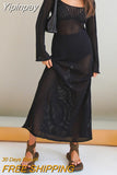 Yipinpay Fishnet Hollow Out Long Beach Dress Women Crochet Knitted Long Sleeve Wrap Party Dress Casual Club Streetwear
